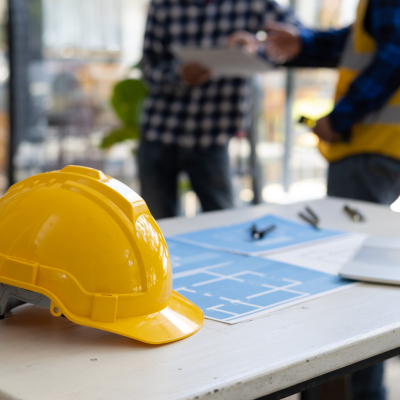 Engineers, architects and contractors discussing on the background of a real estate construction project concept image.